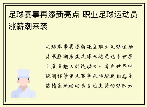 足球赛事再添新亮点 职业足球运动员涨薪潮来袭
